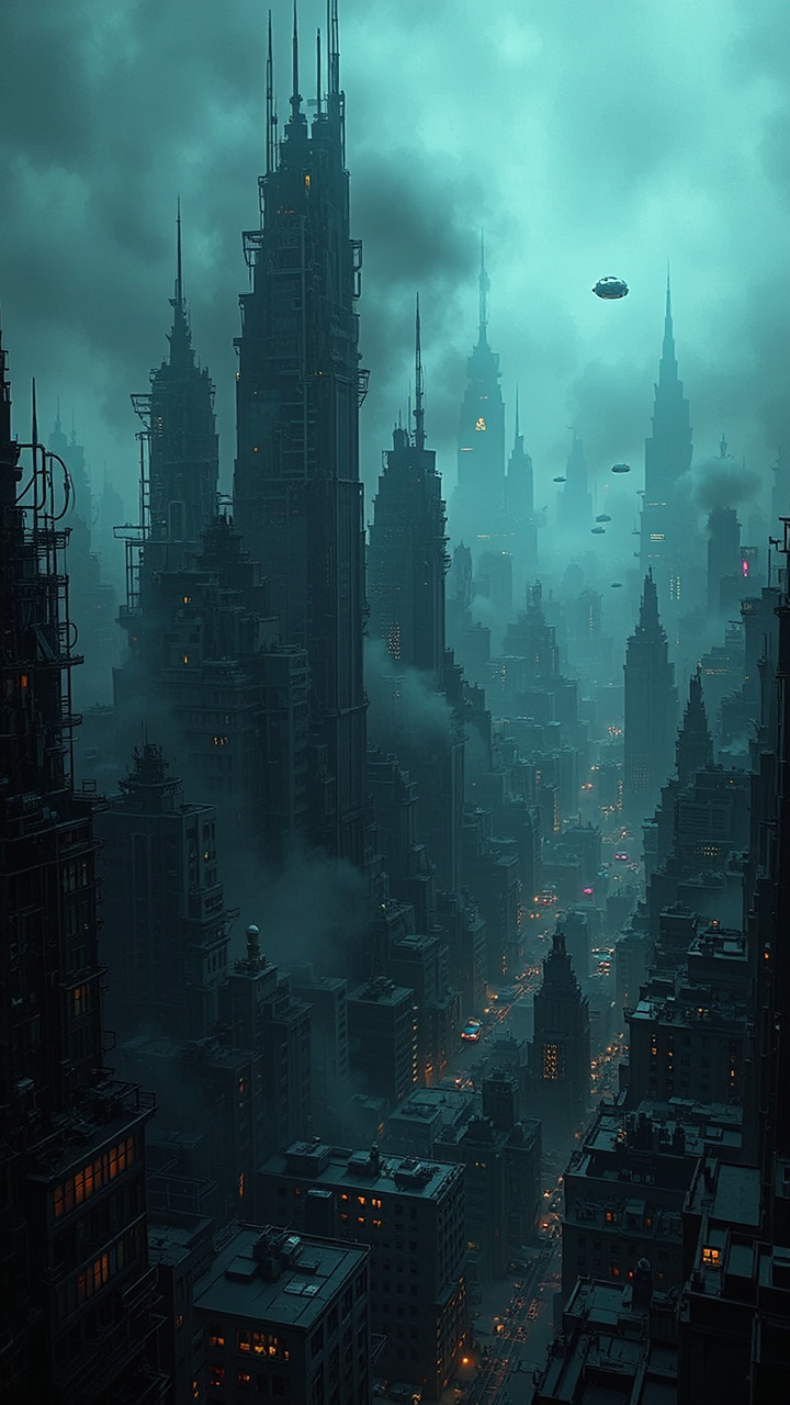 Dystopian cyberpunk cityscape at