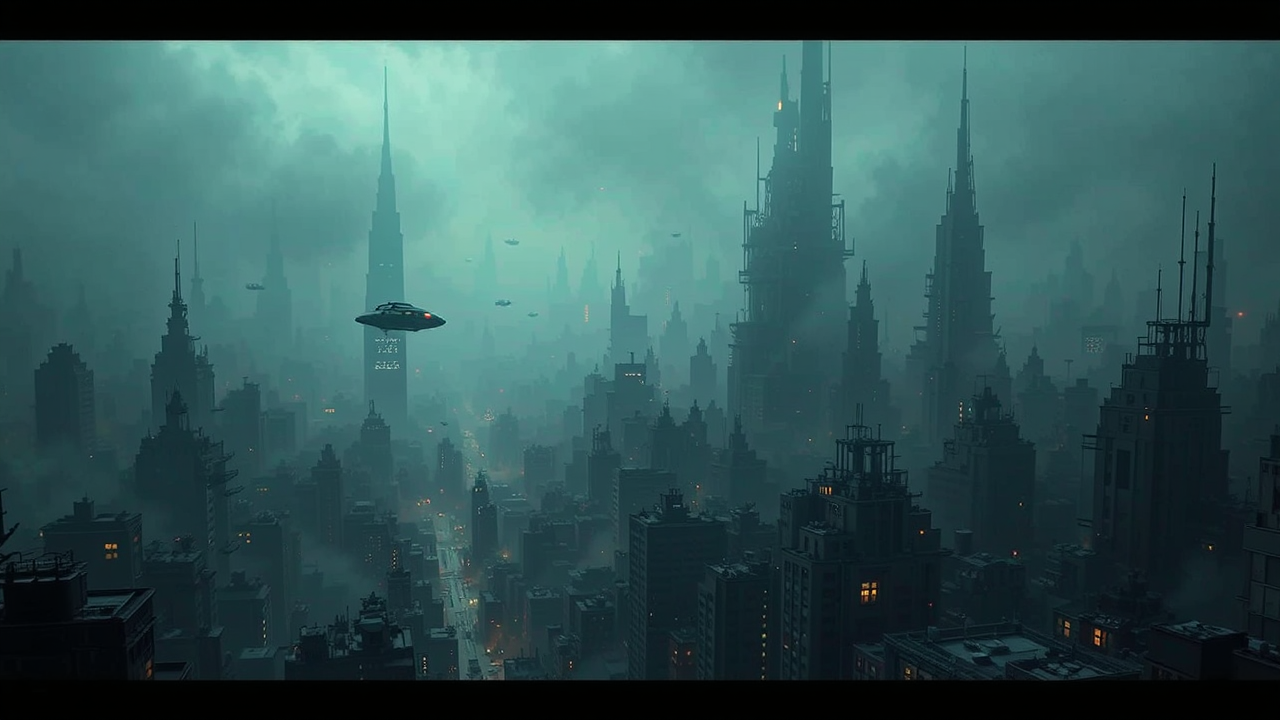 Dystopian cyberpunk cityscape at