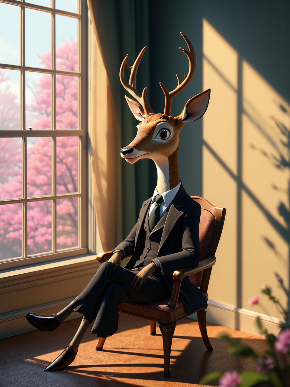A suited deer sits