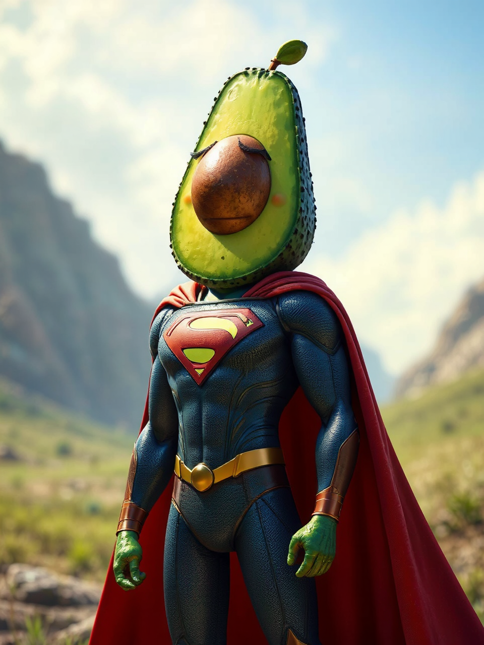 Anthropomorphic avocado in superhero