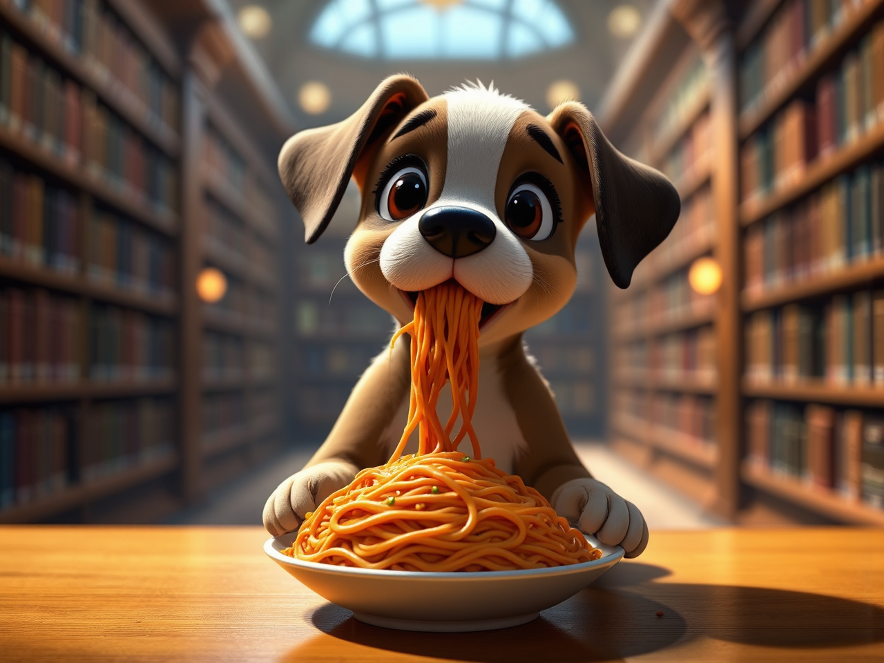 Puppy eating spaghetti at