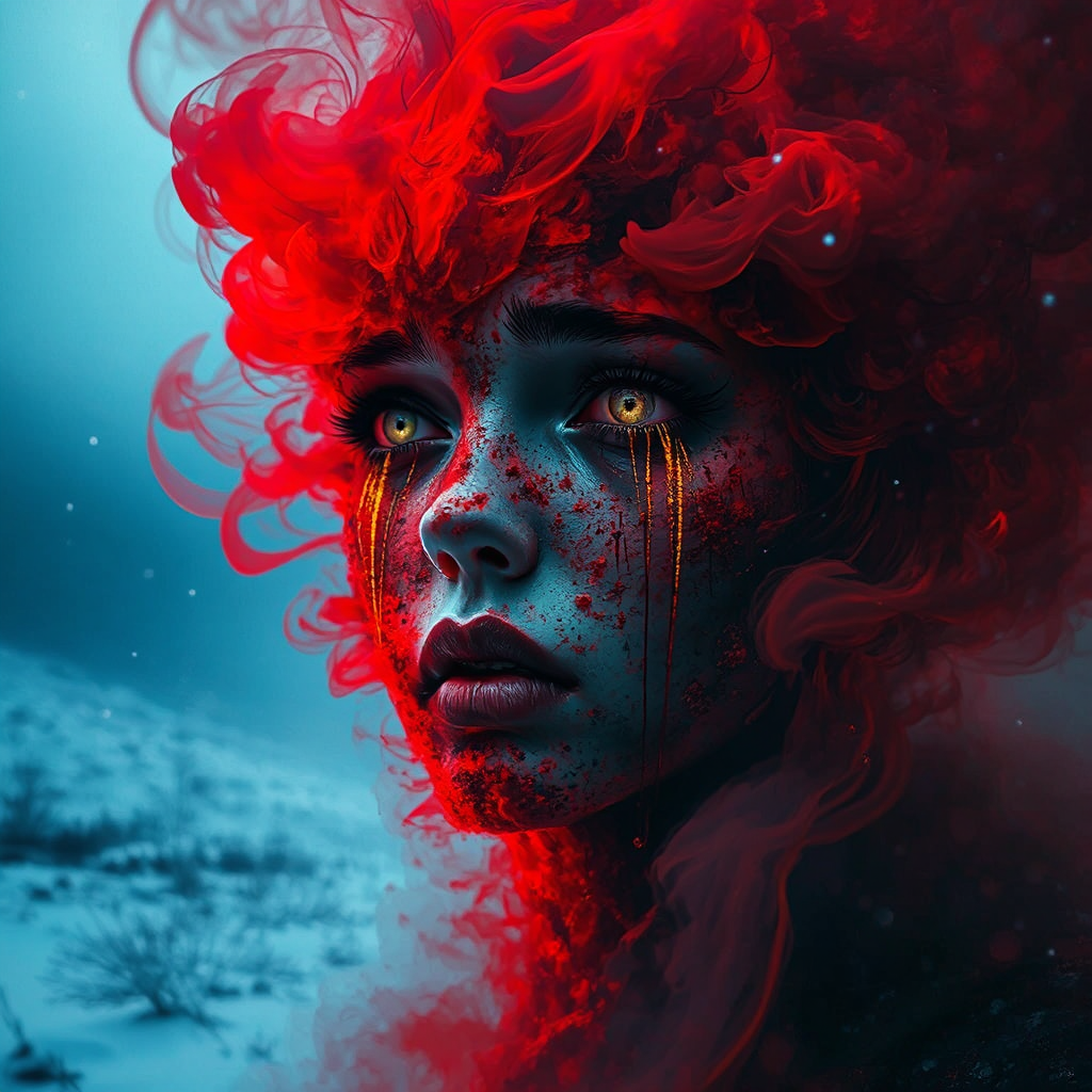 Woman crying in smoky