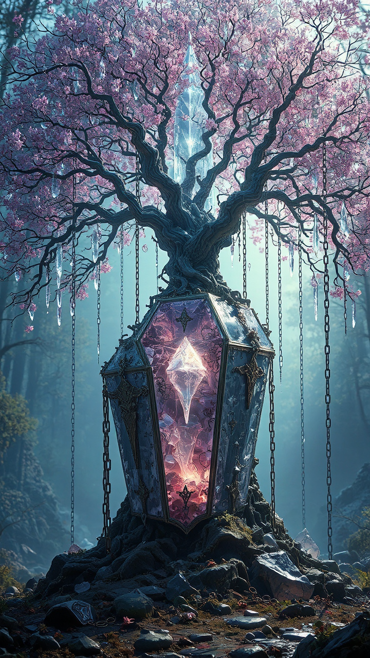 Crystal coffin hung from