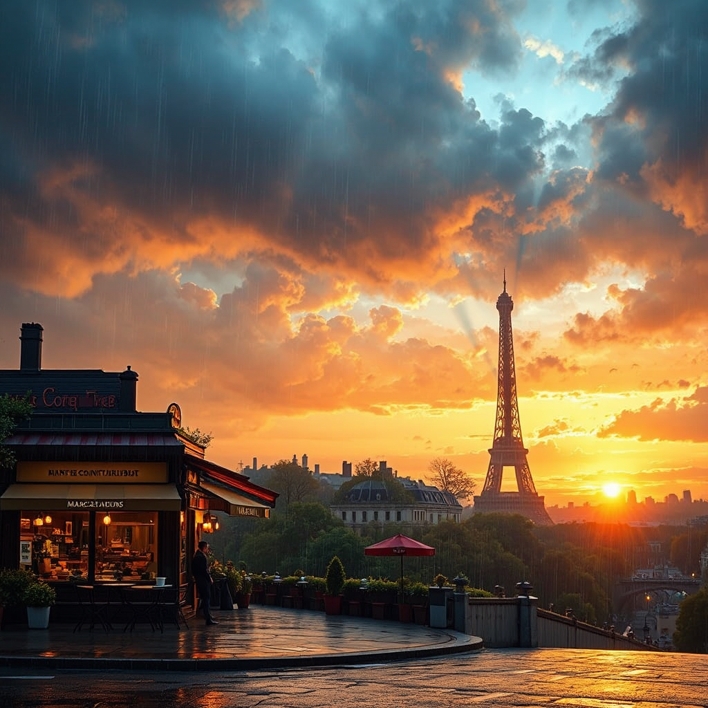 Parisian sunset during rainstorm.