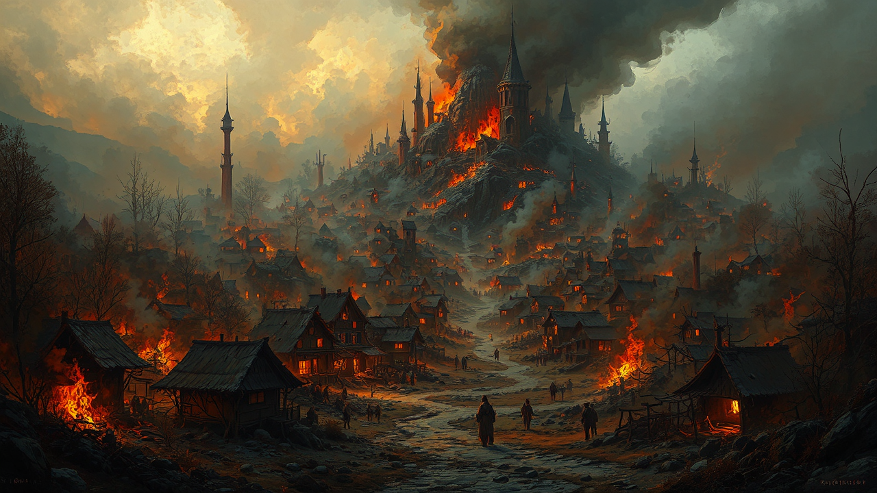 A burning village in