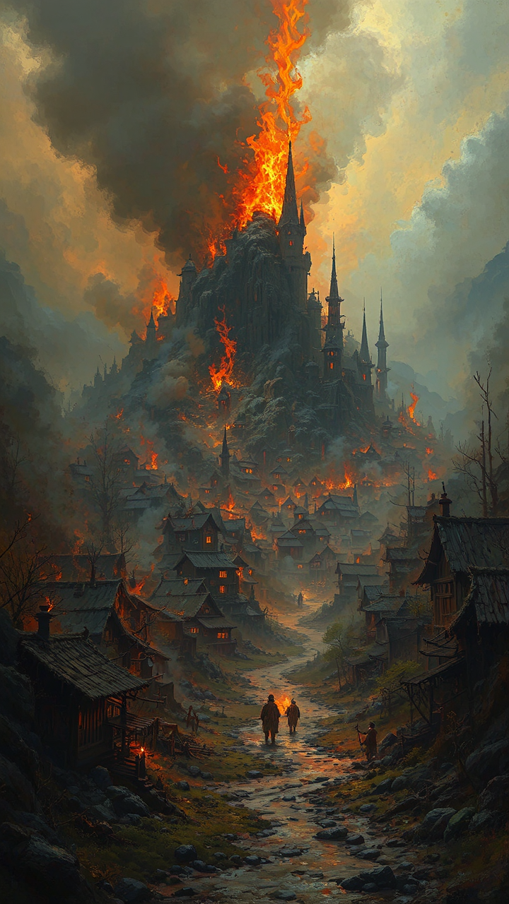 A burning village in