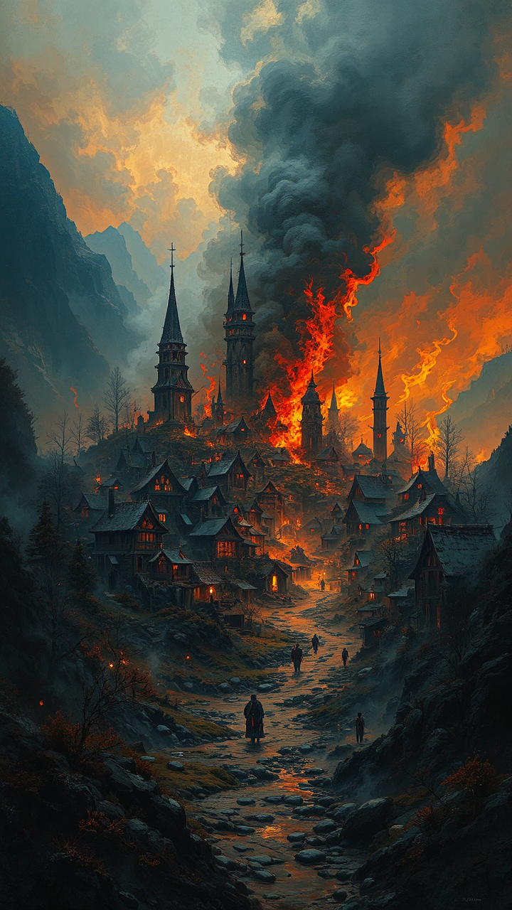 A burning medieval village