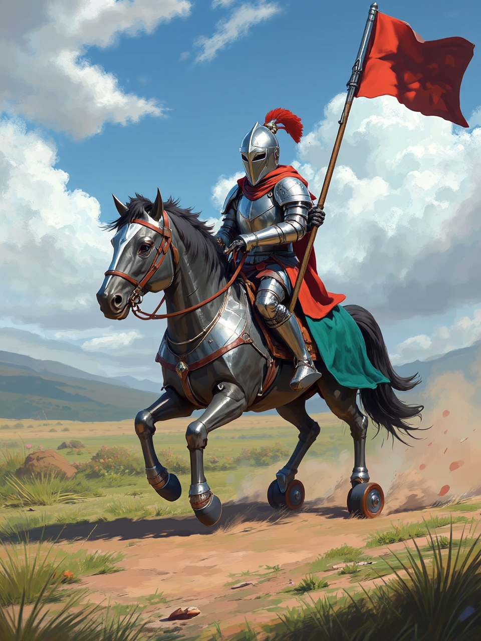 Knight rides toy horse