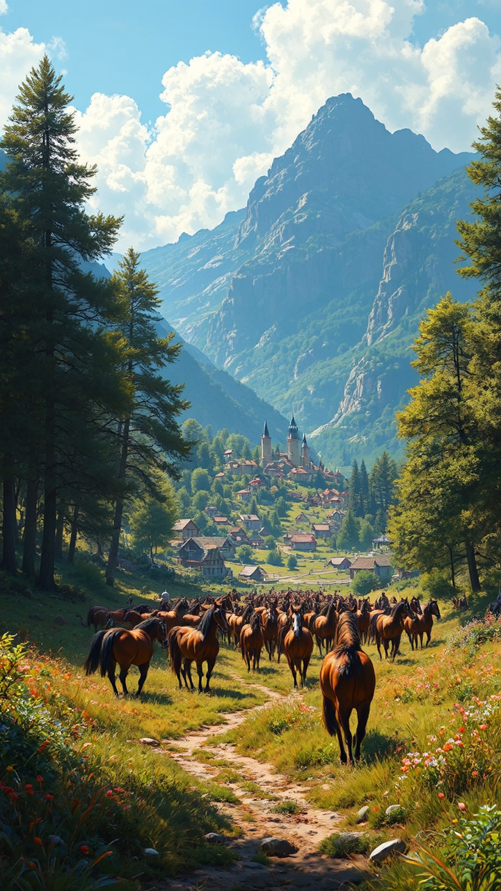 Horses and village in