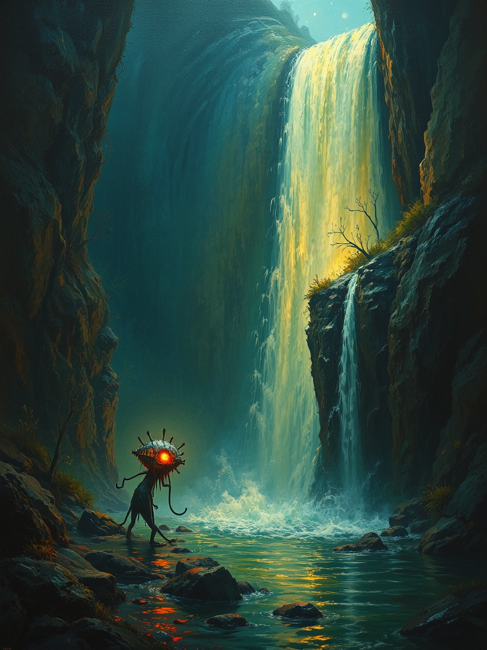 Mythical plankton near waterfall.