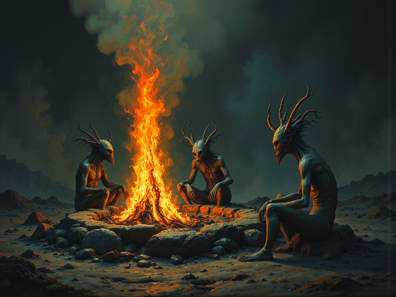 Mythical creatures sit around