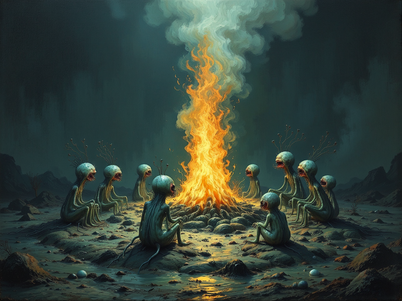 Surreal creatures gather around