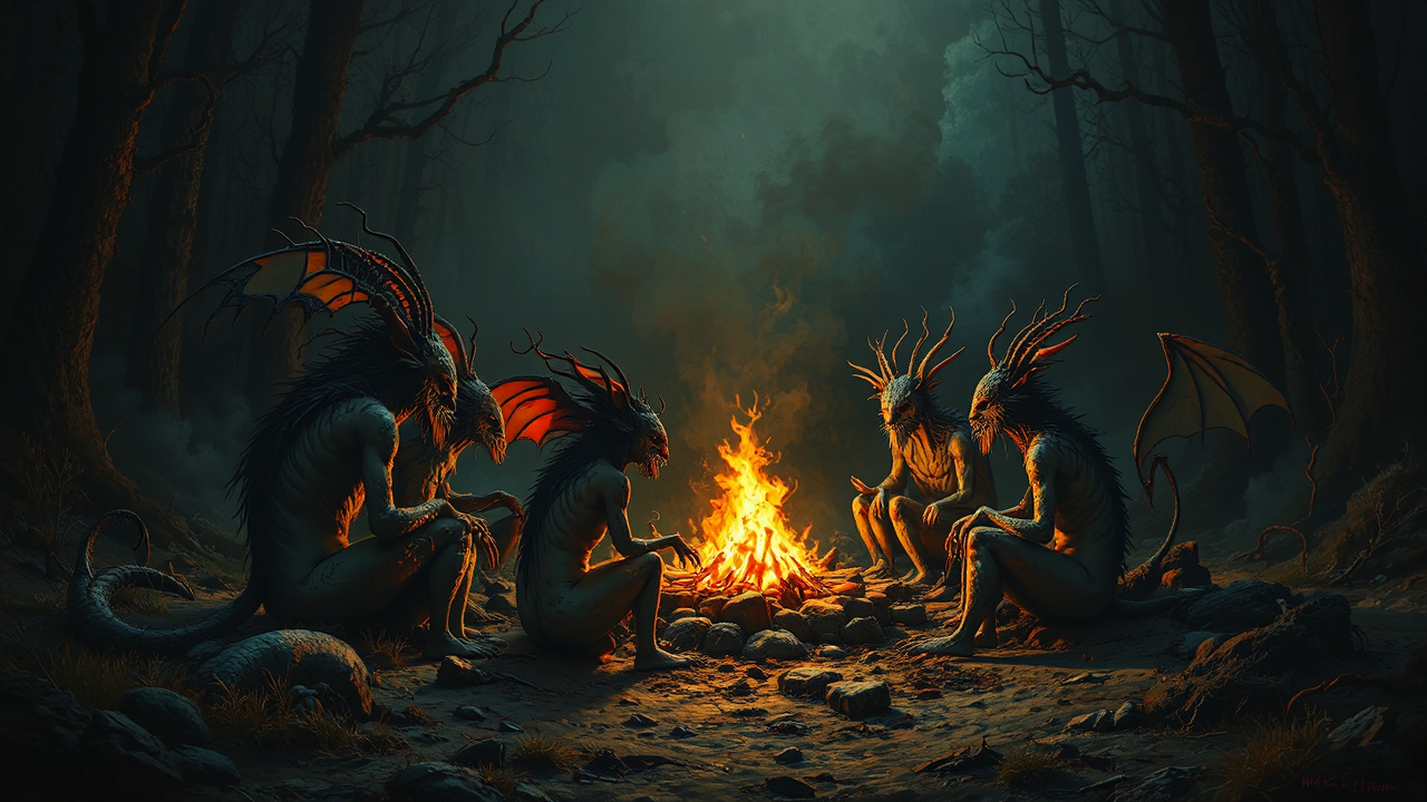 Mythical beings sit around