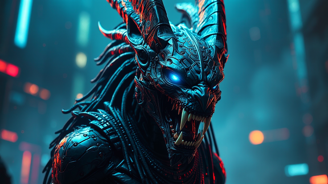 Snarling Anubis in cyberpunk