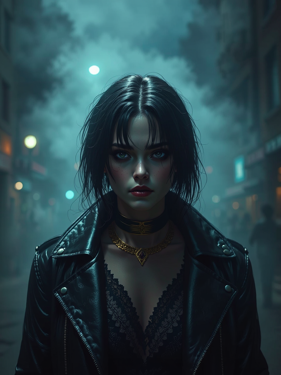 Vampire in dark cityscape.