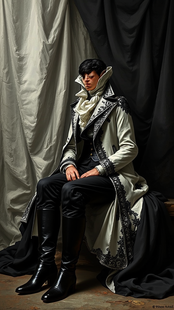 A woman sits elegantly.