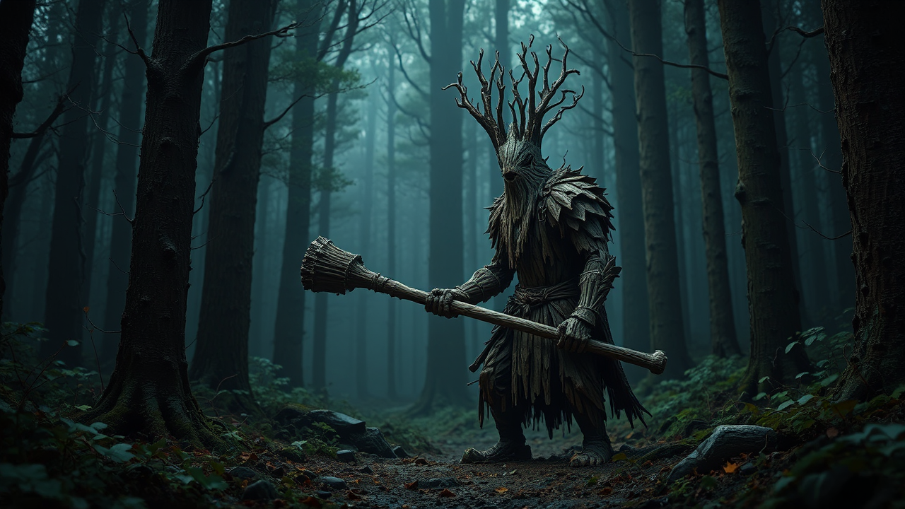 Woodland knight holds giant