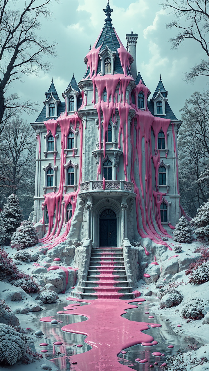 Mansion covered in pink