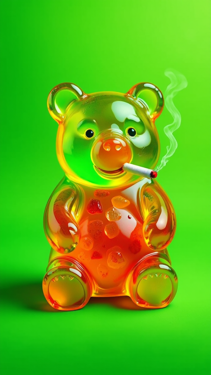 Gummy bear smokes cigarette.