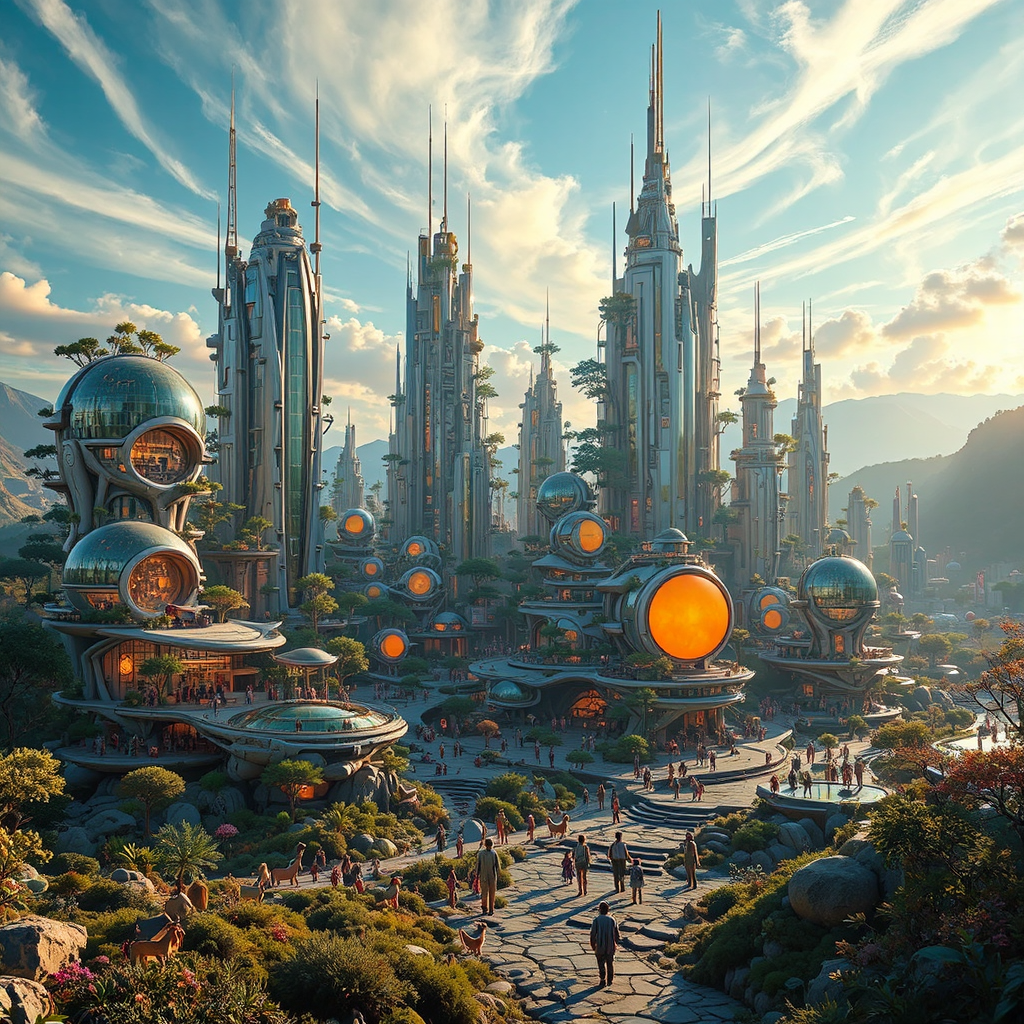 Futuristic city with people