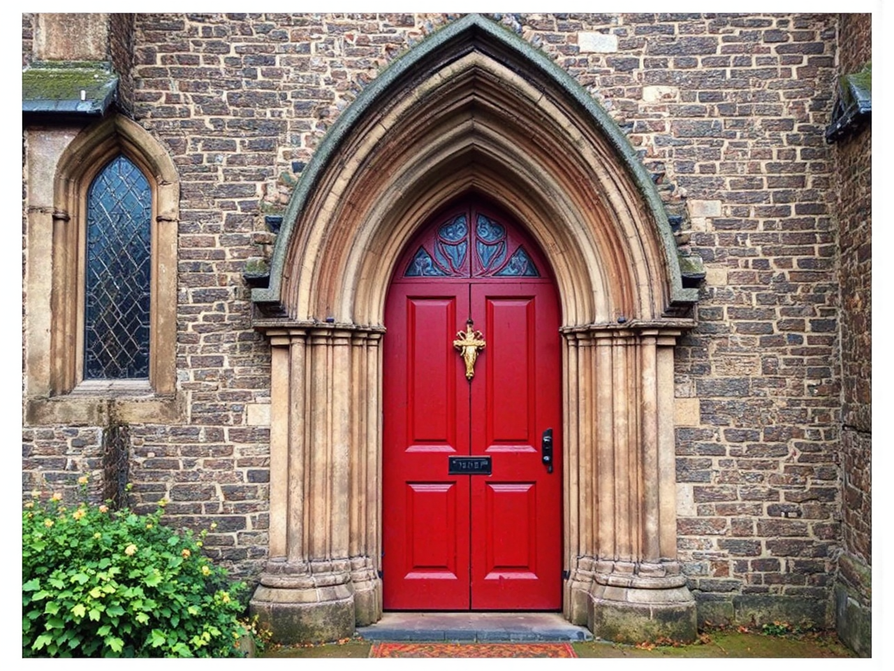 Carved wooden church door.