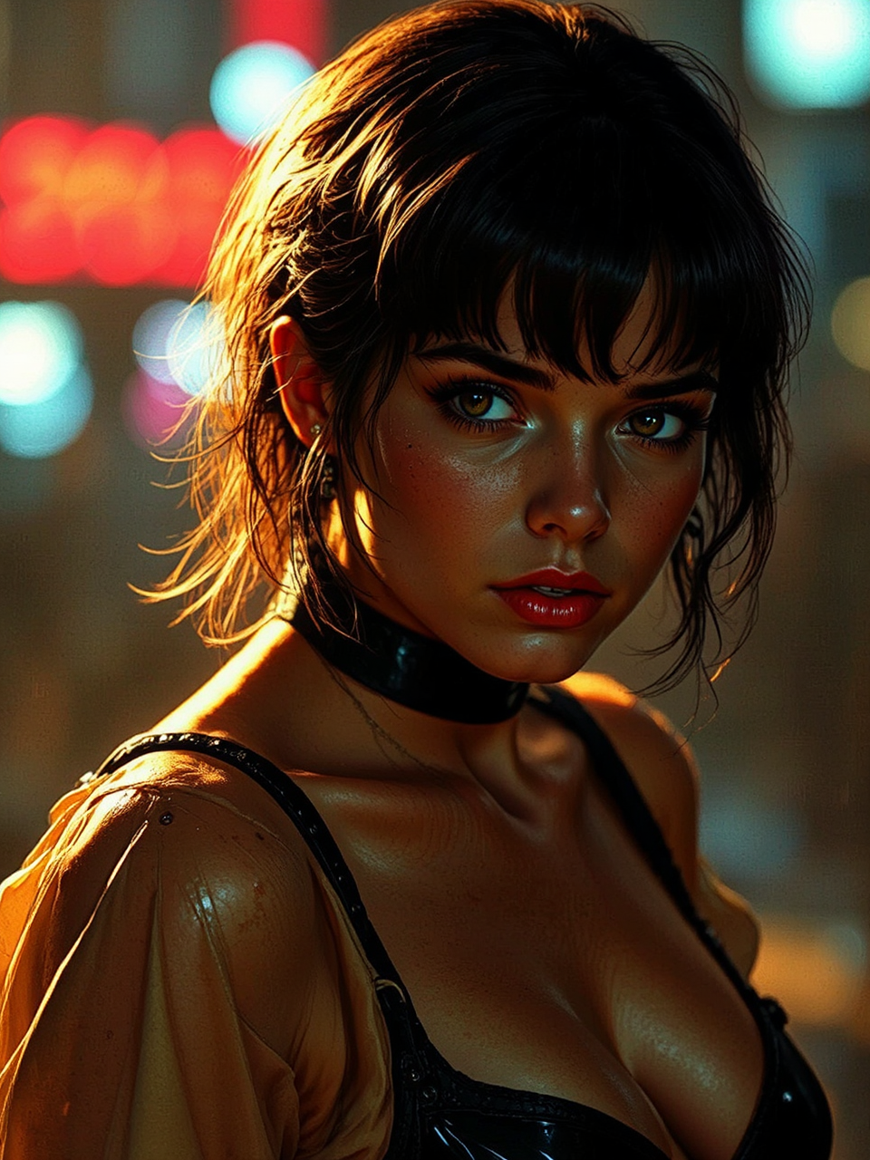 Woman stands in rain-soaked