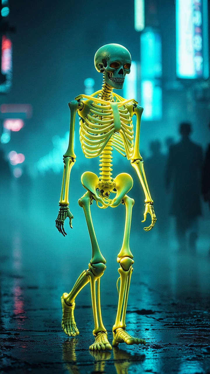 A glowing skeletal figure