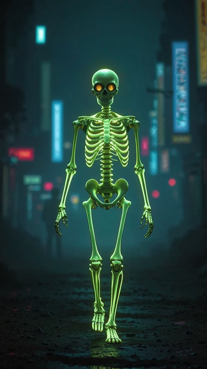 Glowing skeletal figure walks