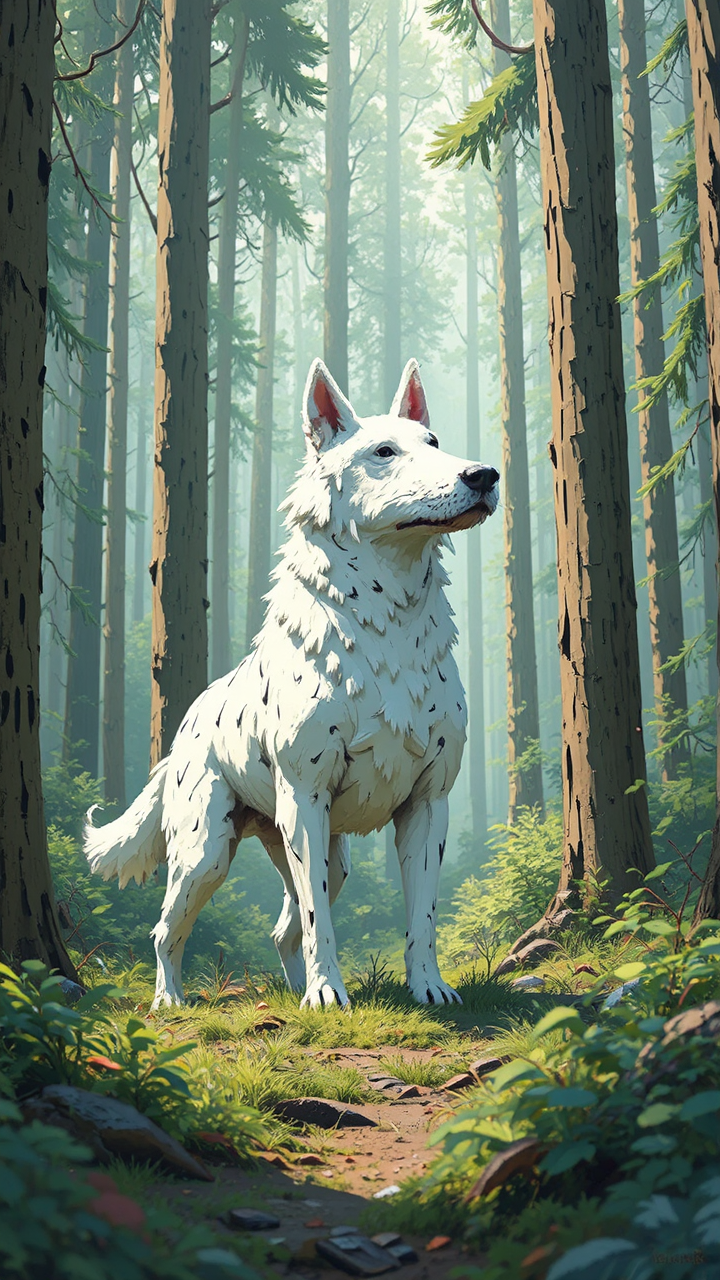 White dog stands amidst