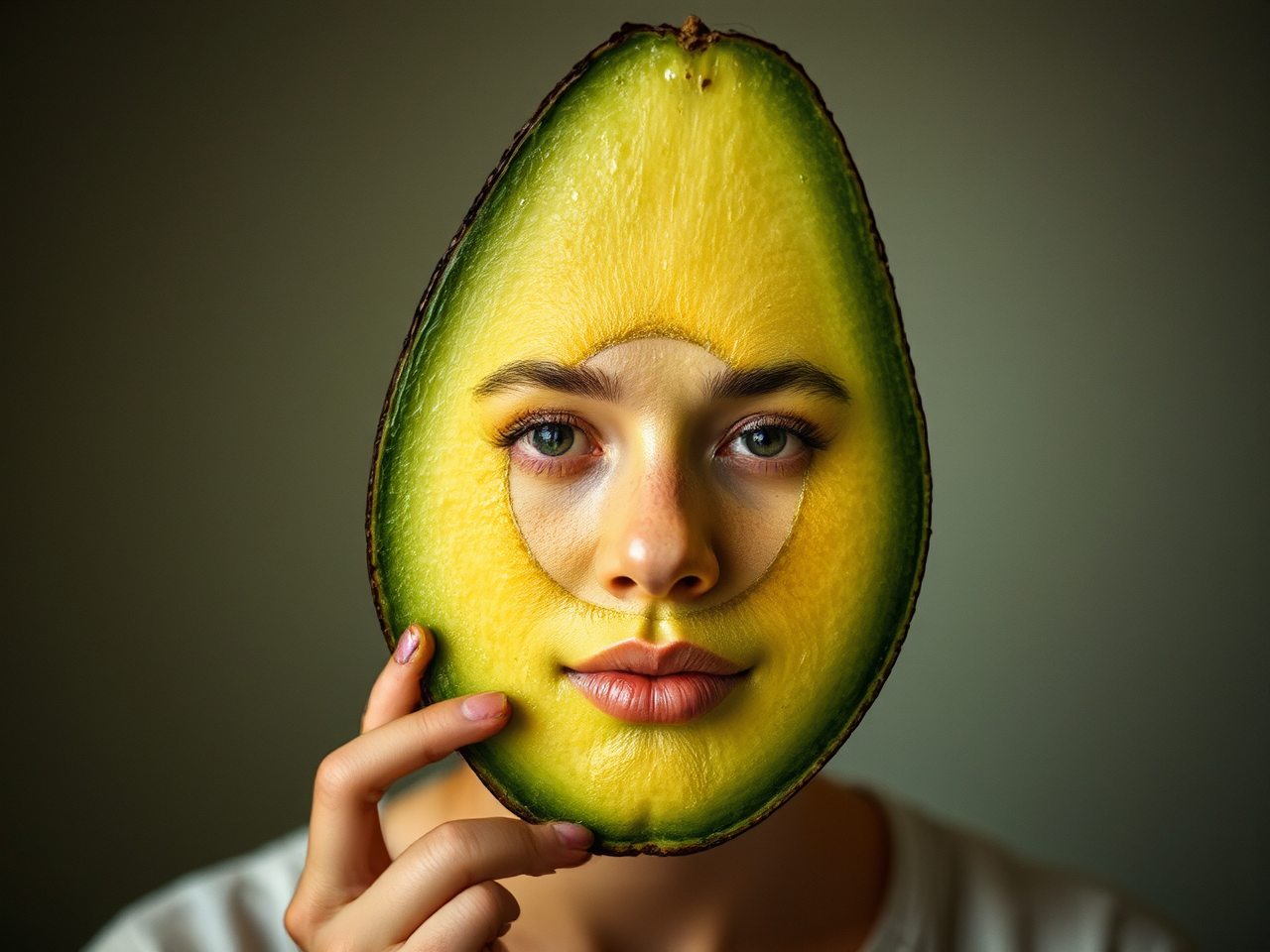 Person's face resembles avocado.