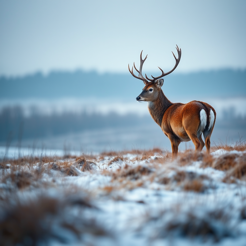 Red deer on snowy