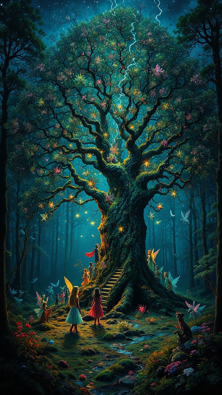 Magical forest at dusk.