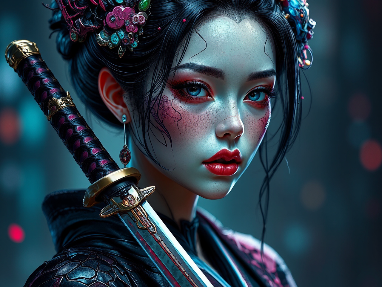 Cyberpunk geisha with a