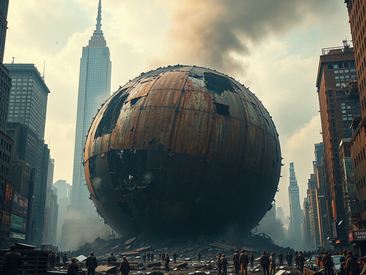 Giant rusty ball destroys