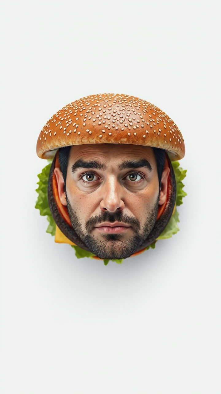 Man's face on hamburger