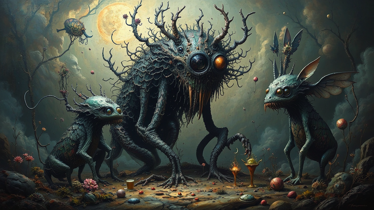 Whimsical alchemical creatures in