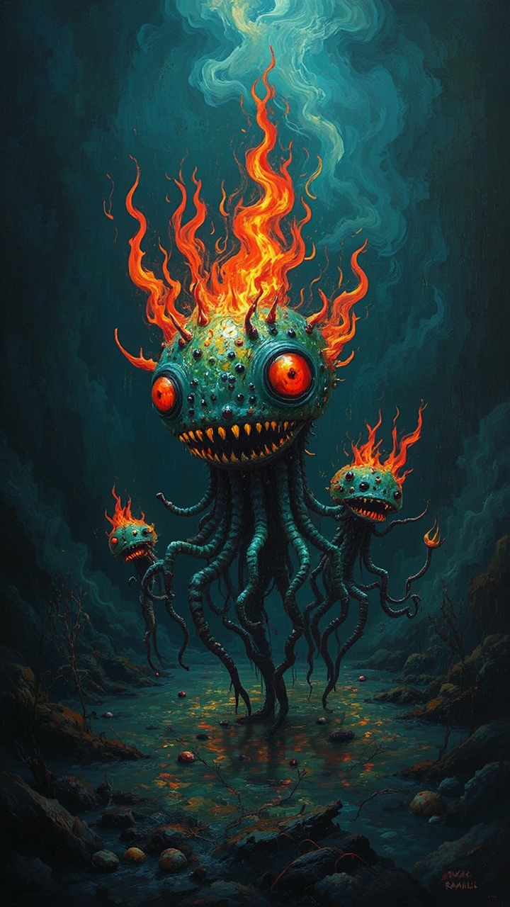 Whimsical surreal fiery sea