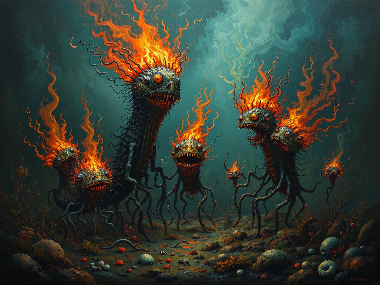 Whimsical surreal fiery underwater