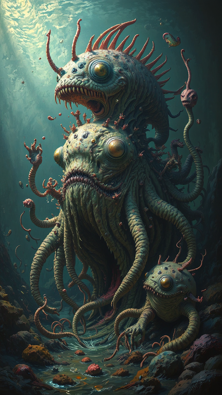 Whimsical surreal underwater creatures.