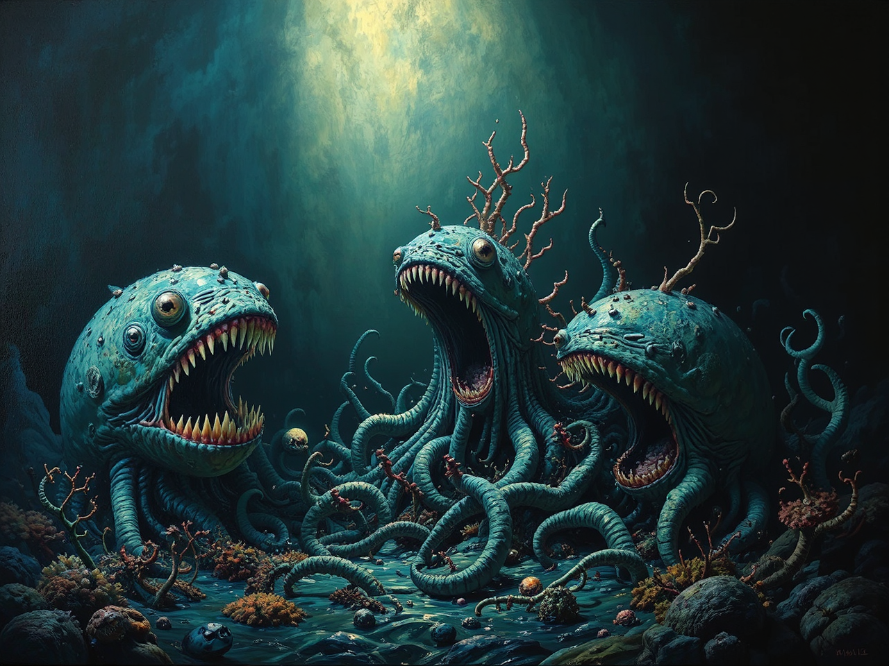 Deep-sea creatures in dramatic
