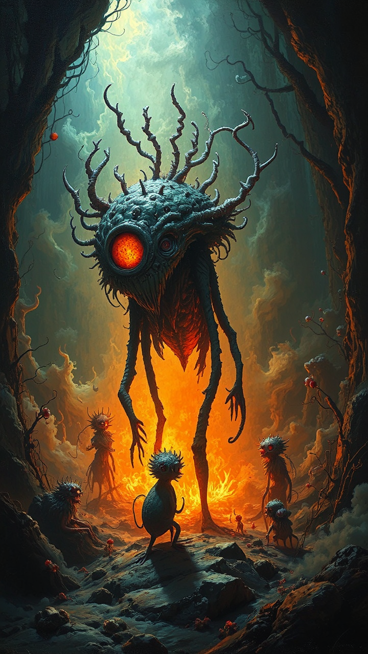 Whimsical fantasy creatures illuminated