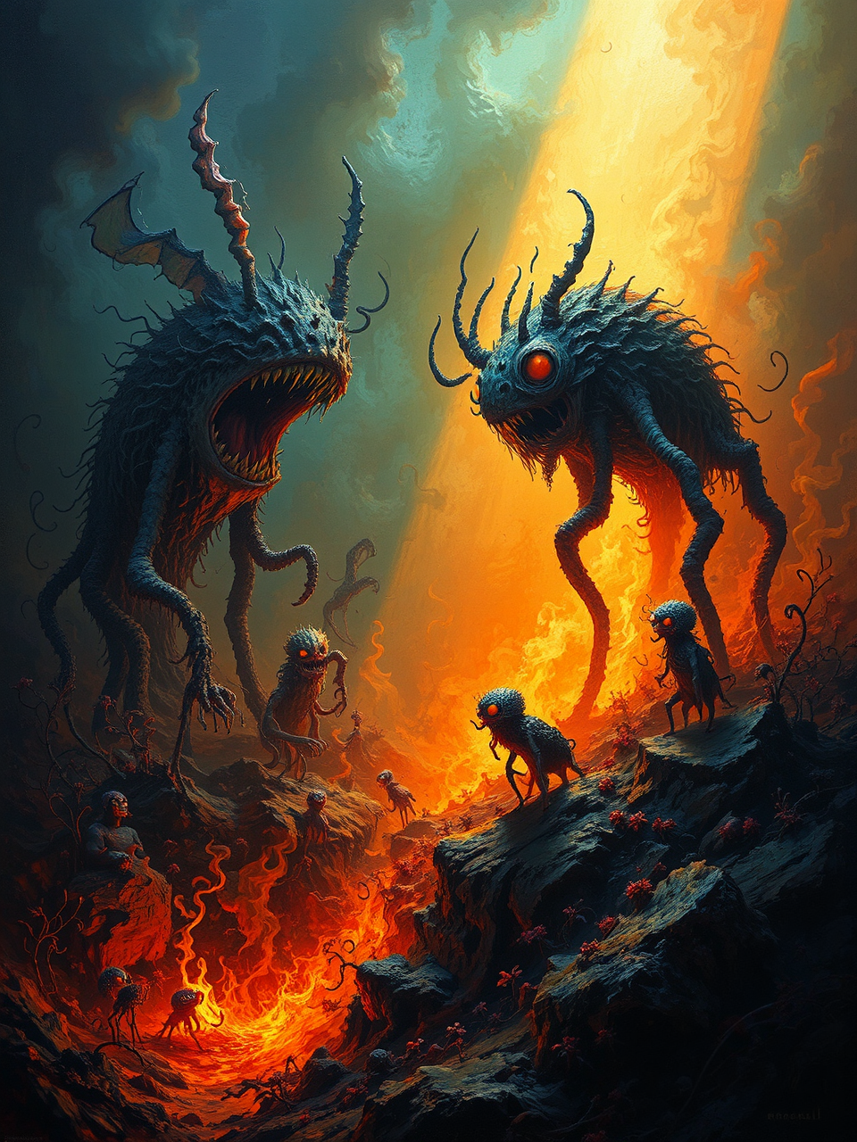 Whimsical monsters with firelit