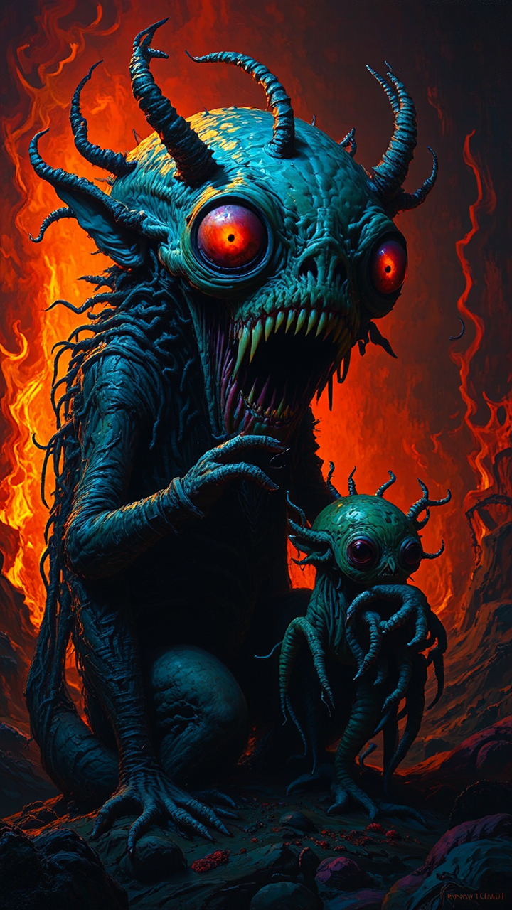 Whimsical creatures with firelit