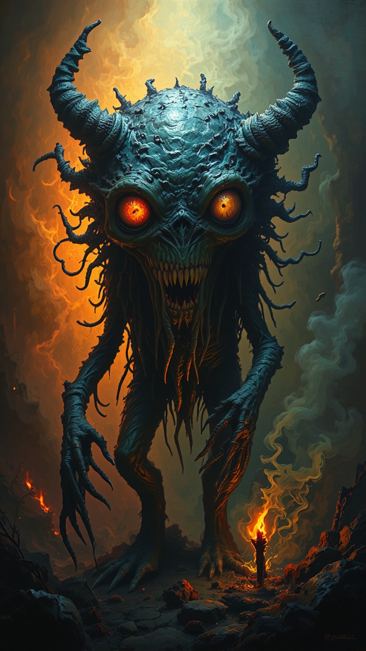 Whimsical creatures in fiery