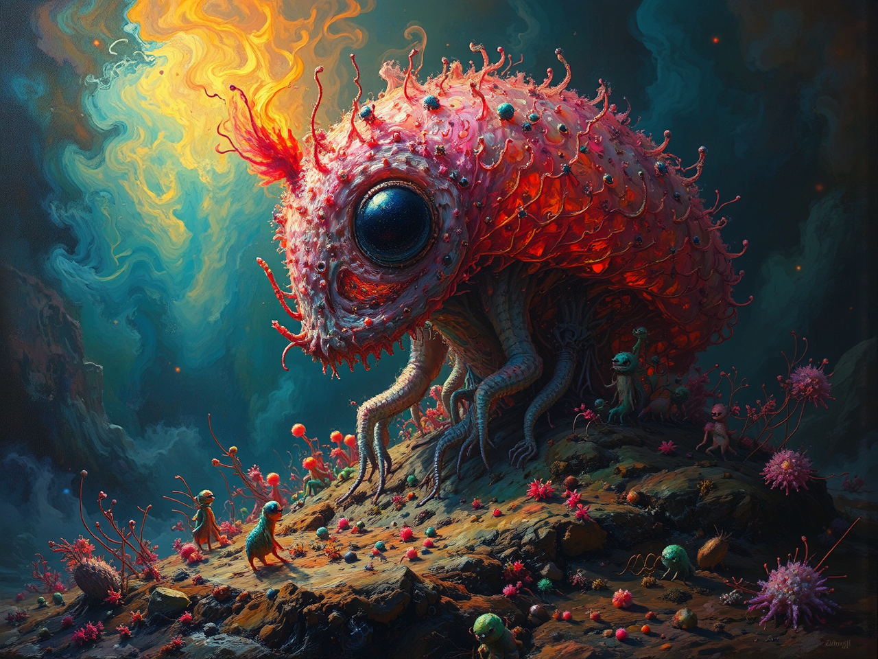 Microscopic creatures in fiery