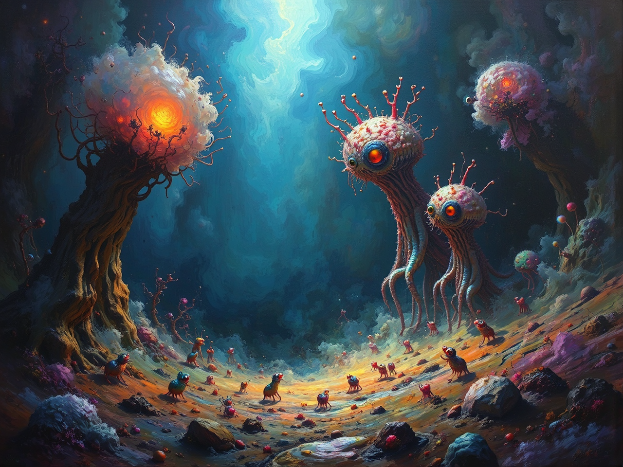 Whimsical creatures in dark