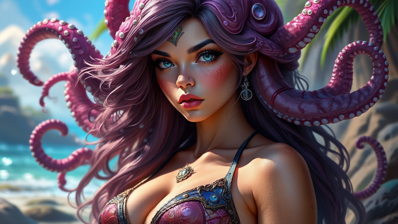 Woman sorceress in two-octopus