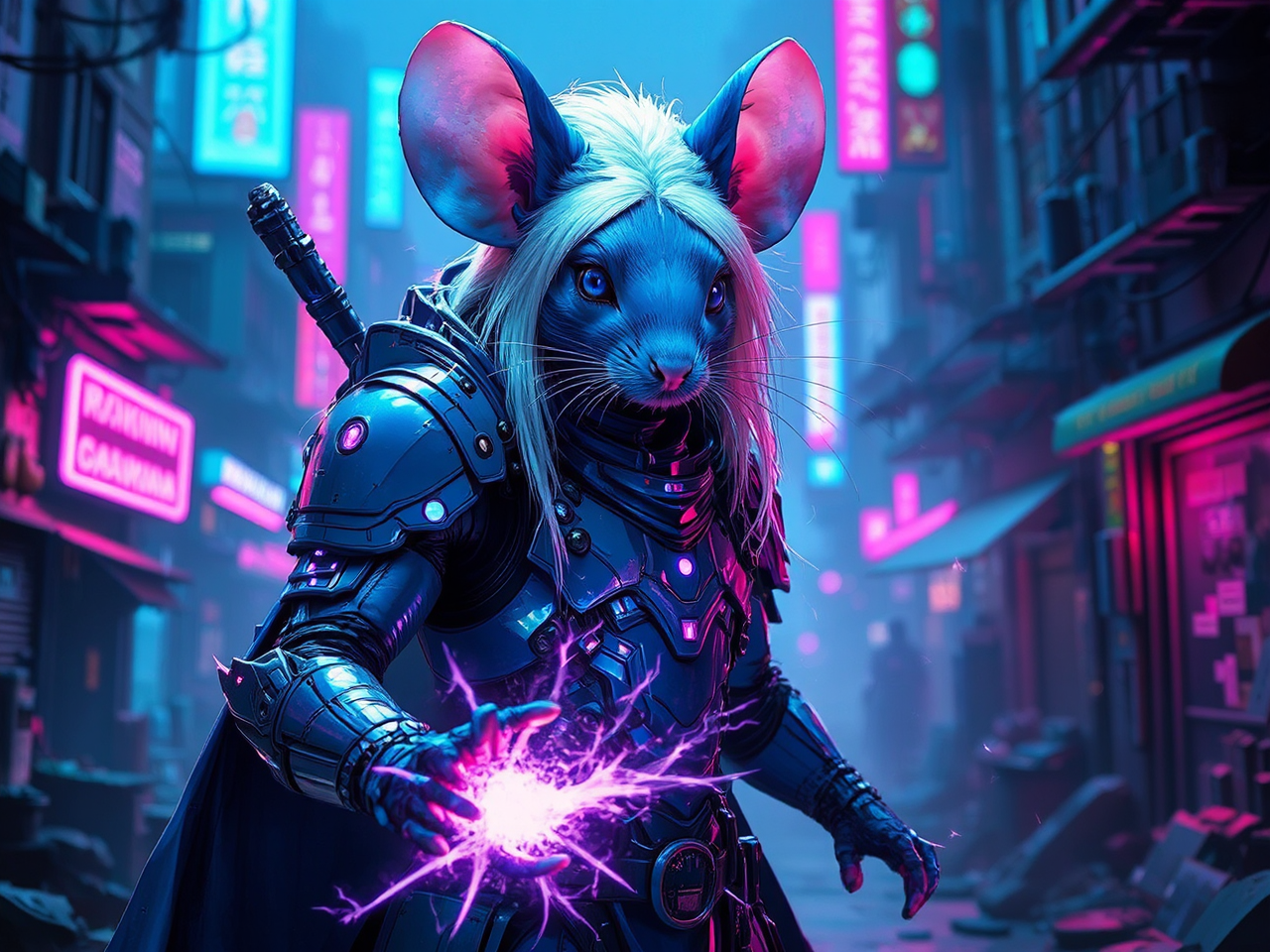 White-haired mouse in cyberpunk