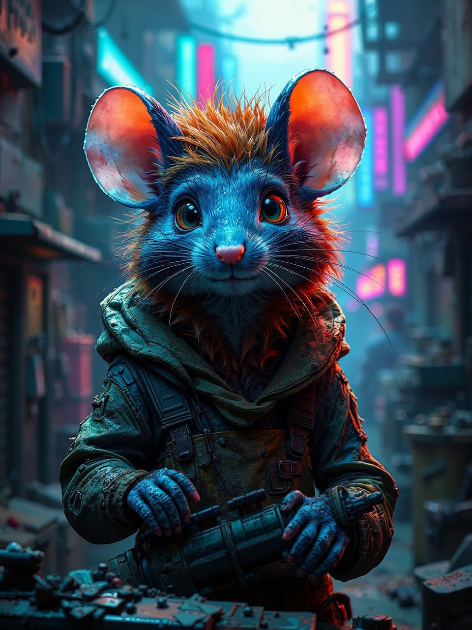 Mouse in cyberpunk urban