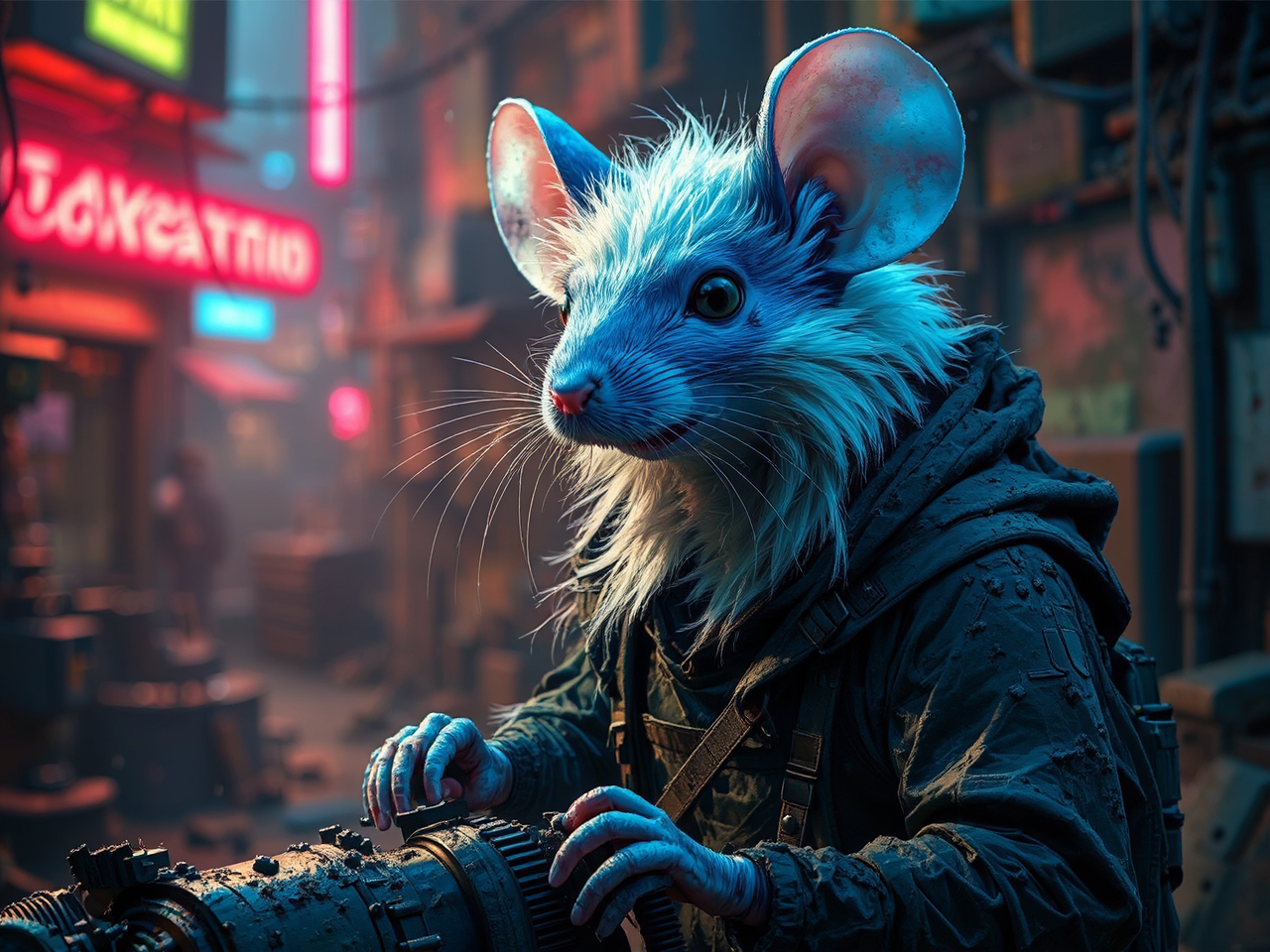 Furry white-haired mouse in